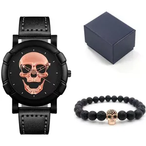 Detail of hip hop watch set with skull dial, lava bead bracelet and gift box