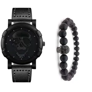 Men's hip-hop watch set featuring a matte black skull dial and volcanic bead bracelet