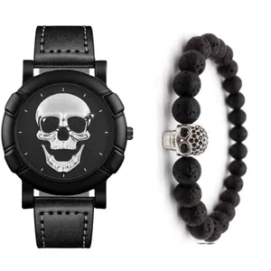 Gothic skull watch with leather strap and black lava stone beaded bracelet set