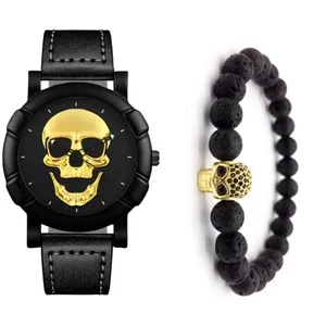 Detail of hip hop skull watch with leather strap and black beaded bracelet set