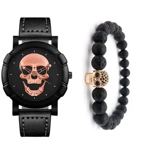 Men's hip hop quartz watch with rose gold skull dial and black lava stone bead bracelet set