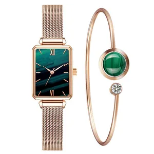 Orologio al Quarzo Quadrato Vintage da Donna con Bracciale Aperto Quadrante a Trama Malachite Oro Rosa Gioielli di Moda