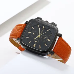 Fashionable square quartz watch for women with black dial and orange leather strap