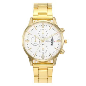 Men's gold steel business watch with white dial, calendar and chronograph style display