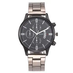 Classic gunmetal quartz watch for men with black dial, three-eye design and date display