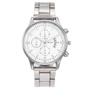 Classic silver stainless steel men's quartz watch with white dial and calendar display