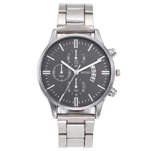 Men's business quartz watch with silver steel band and dark grey dial with date calendar