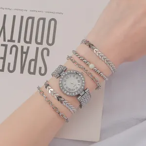 Luxury 5-piece women's silver watch set with Roman numerals and rhinestone bracelets