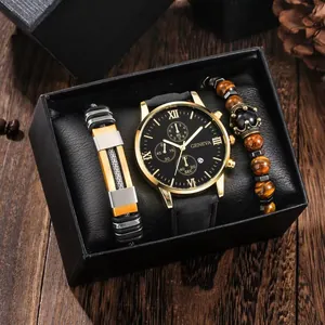 Men's Geneva quartz watch gift set with two bracelets in an elegant black presentation box