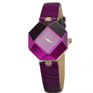 Womens purple fashion watch and bracelet set with geometric faceted dial and leather strap