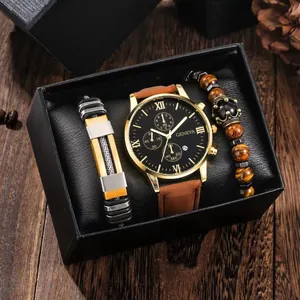 Close-up of Geneva men's quartz watch and beaded bracelet gift set in luxury box