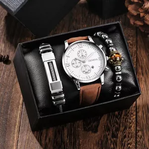 Men's Geneva watch and leather bracelet gift set presented in a stylish luxury box