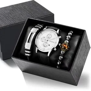 Detail of Geneva business quartz watch with leather straps and bracelets in a gift box