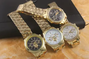 Macro view of gold stainless steel quartz watches with diamond bezels and metal bands