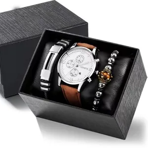 Men's business watch set with brown leather strap and decorative bracelets in a gift box
