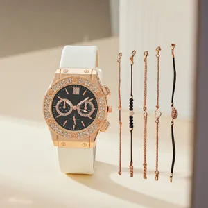Πολυτελές Ρολόι Quartz Rose Gold Και Σετ Βραχιόλια Για Γυναίκες Κράμα Με Στρας Λουράκι Δερμάτινο Κρεμαστό Καρδιά Φύλλο