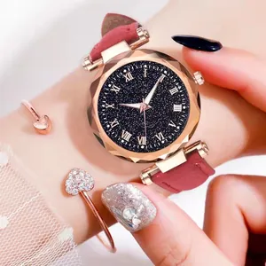 Montre à Quartz Femme Mode Ciel Étoilé Boîtier Or Rose Chiffres Romains Verre Facetté Bracelet Givré Montre-Bracelet Bijoux Ensemble