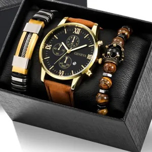 Men Business Quartz Watch And Bracelets Gift Box Leather Strap Roman Numerals Alloy Case Professional Fashion Wristwatch