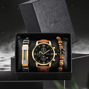 Men's business watch set with leather strap and two bracelets in a premium gift box