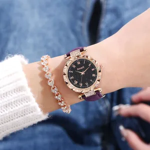 Conjunto de reloj de mujer con esfera de cielo estrellado morado y pulsera de corazones