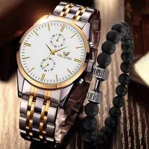 Orlando Men's Business Casual Watch And Matte Beaded Dumbbell Bracelet Set Stainless Steel Alloy Metal Quartz Wristwatch