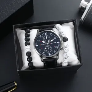 Men Fashion Business Casual Quartz Watch Set With Beaded Bracelet Faux Leather Strap Round Dial Wristwatch Gift Set For Men