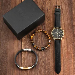 Men's Geneva quartz watch set with black leather strap and tiger eye beaded bracelet in gift box