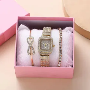 Elegant gold square watch set with rhinestone infinity bracelet and tennis chain