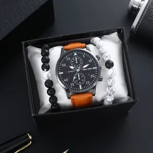 Men's business watch set with brown leather strap and beaded bracelets in a gift box