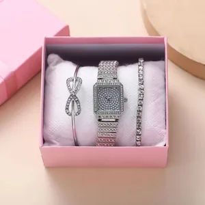 Women Fashion Quartz Watch With Infinity Bow Bracelet And Tennis Link Chain Rhinestone Inlaid Square Dial Alloy Jewelry