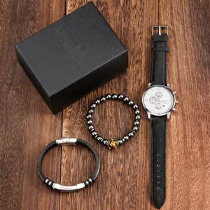 Men's business watch gift set with black leather strap and two beaded bracelets