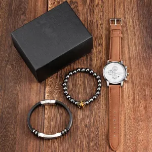 Business quartz watch gift set with Geneva roman dial and two matching beaded bracelets