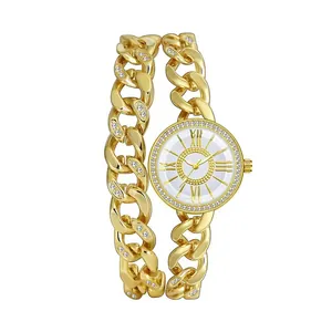 Luxuriöse goldene Quarzuhr mit Strass-Lünette und doppelreihigem kubanischem Kettenarmband