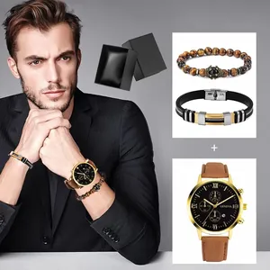 Close-up of Geneva men's business watch set with leather straps and beaded bracelets
