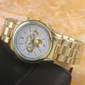 Golden stainless steel quartz watch with multi-functional sub-dials and metal link band