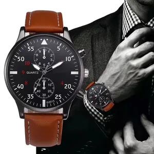 Men's business quartz watch with brown leather strap and black dial set with accessories