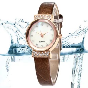 Detailed macro of a gold women watch with rhinestone dial and brown leather band