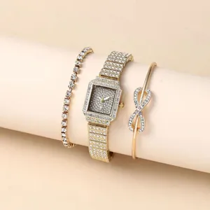 Women's square gold watch set with luxury infinity bracelet and rhinestone bangle