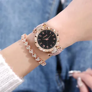 Reloj de cuarzo para mujer oro rosa con esfera de estrella, correa rosa y pulsera de corazón