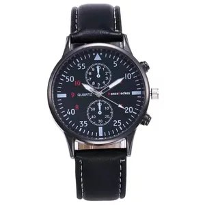 Men's fashion quartz watch with black leather strap and decorative three-dial design