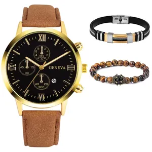 Close-up of Geneva men's quartz watch with brown leather strap and two beaded bracelets