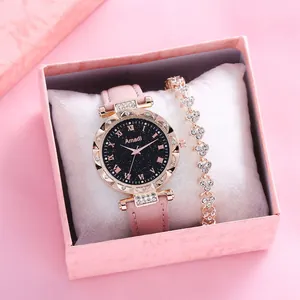 Reloj de cuarzo rosa y conjunto de pulsera de diamantes de imitación con corazón
