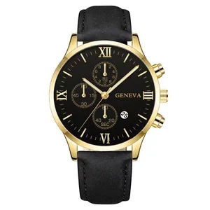Geneva men's business quartz watch with gold case, black leather strap and Roman numerals