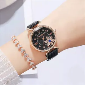 Women's Fashion Quartz Watch And Heart Rhinestone Bracelet Set Rose Gold Alloy Case Snowflake Dial Faux Leather Strap Jewelry Gift