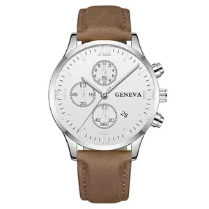 Detailed macro view of Geneva men's business quartz watch with white dial and brown leather strap