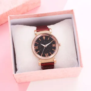 Women's rose gold starry watch with burgundy mesh strap in elegant pink gift box