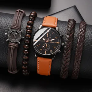 Men's business quartz watch set with anchor bracelet and woven leather wristbands