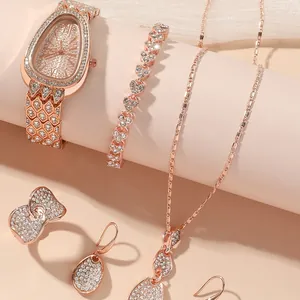 Luxury rose gold 5-piece jewelry set with snake head watch and heart crystal bracelet