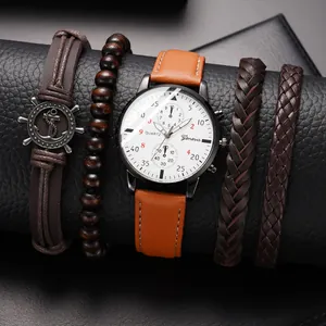 Close-up of Geneva men's business watch set with brown leather straps and beaded bracelets