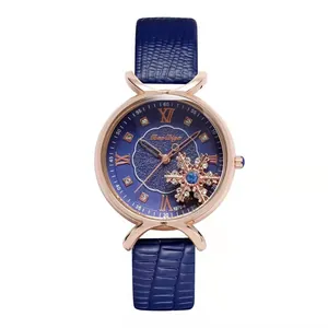 Macro detail of blue crocodile leather watch strap and rose gold bezel for women